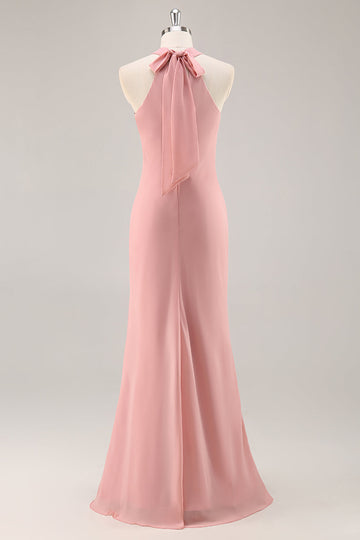 Simple Blush Halter Mermaid Chiffon Long Bridesmaid Dress with Bow